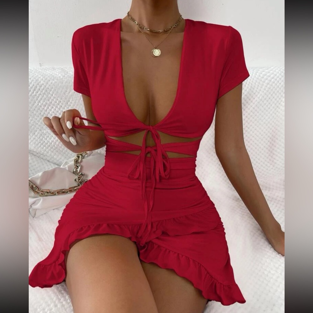 Tied cut out ruffle trim wrap hem dress